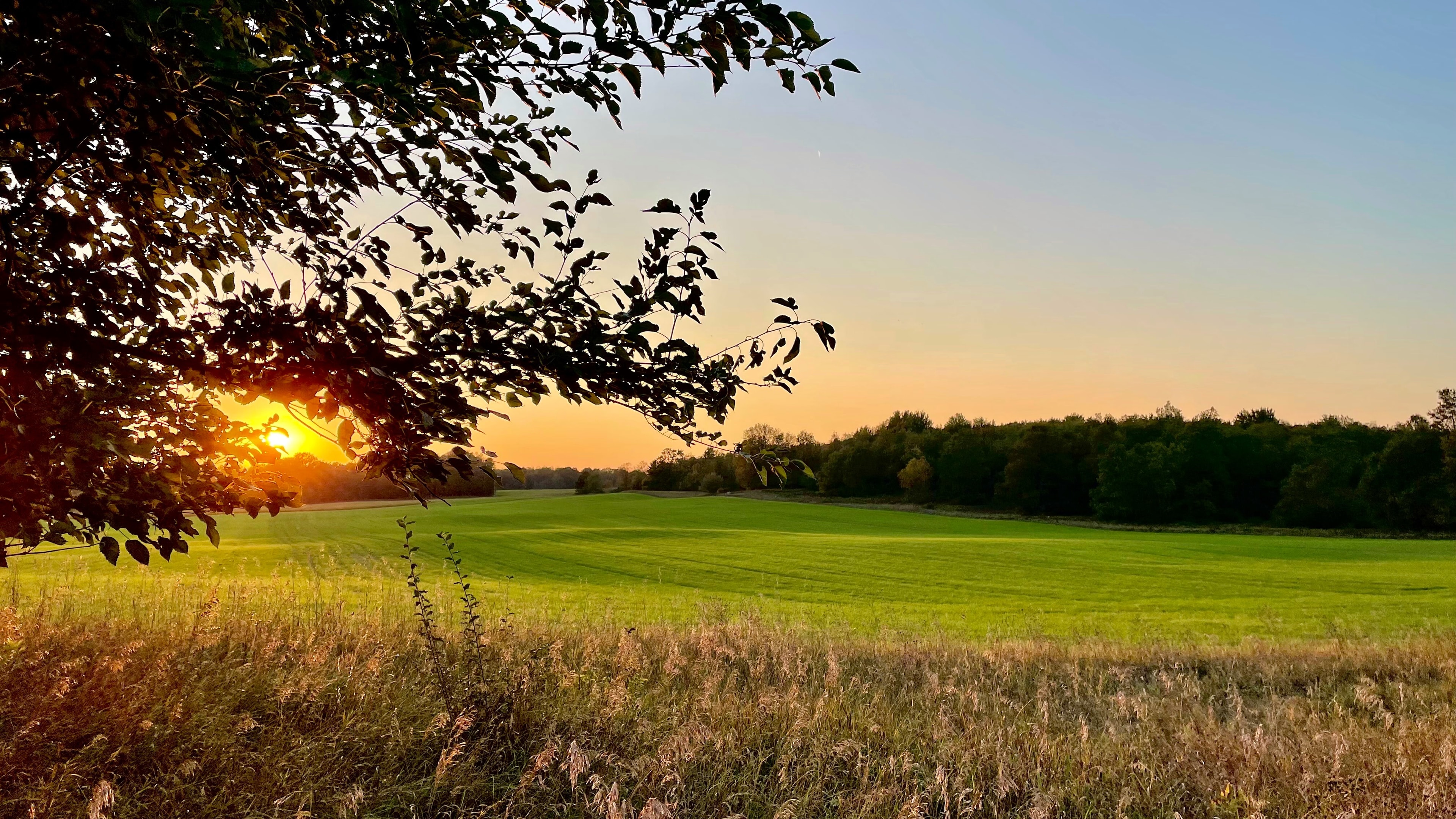The sun sets over the open fields of Norwich Township, casting a warm golden light across the landscape.